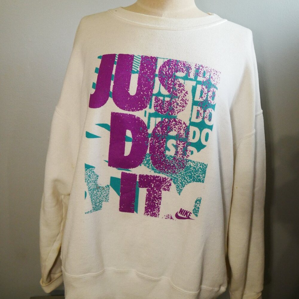Vintage 90s Nike Just Do It Sweatshirt Size XL Spell out  White Purple Teal